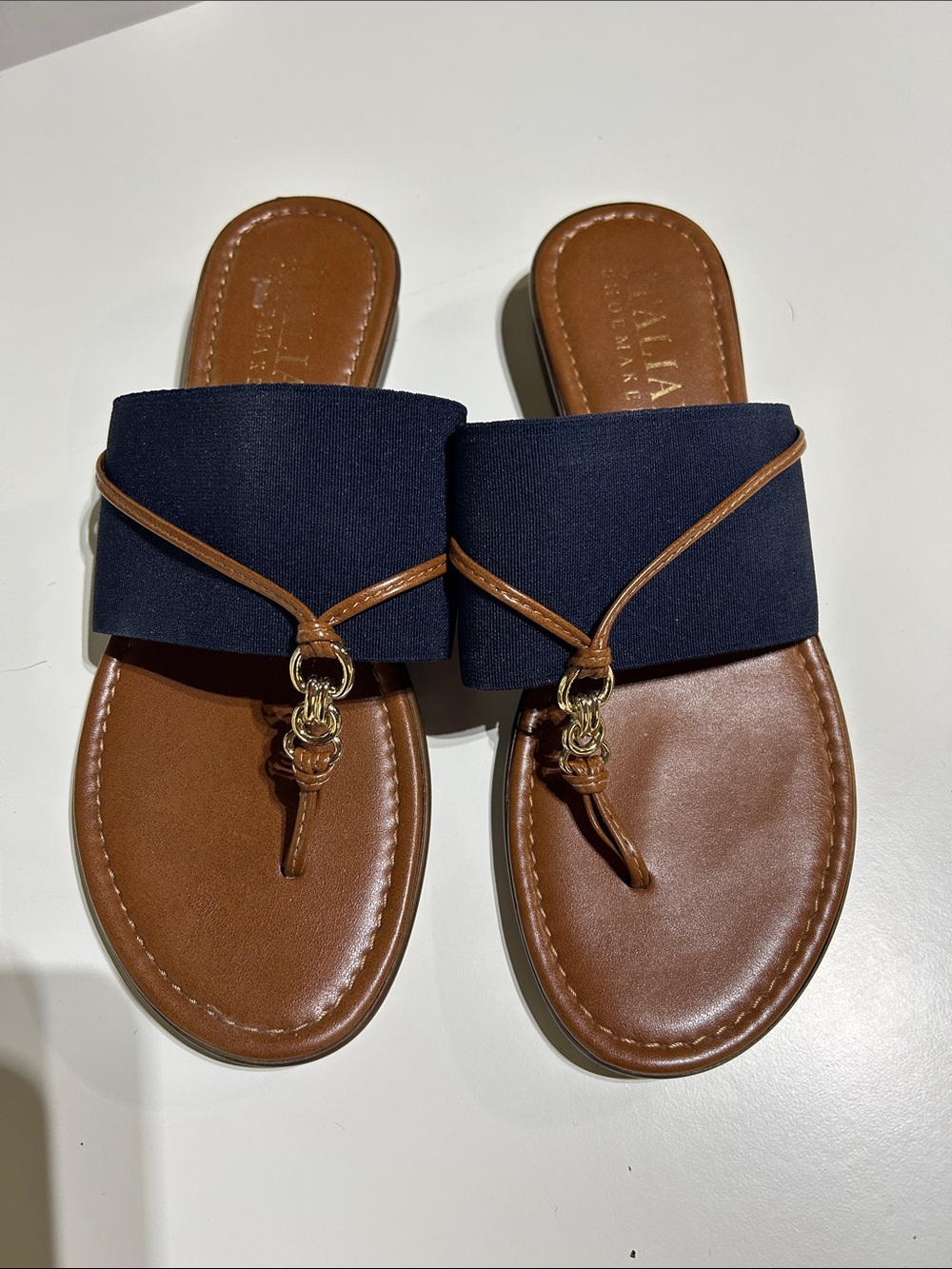 Bally Navy Fabric and Brown Leather Thong Slide Sandals with Gold Rings 7/7.5